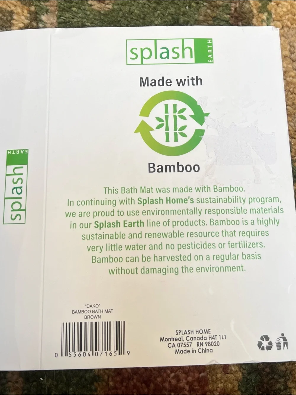 Splash Earth Bamboo Bath Mat in Brown Wood Tone - NEW with Tags